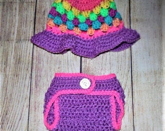 crochet diaper cover with hat, summer hat, newborn outfit, baby girl, photo prop, rainbow colors