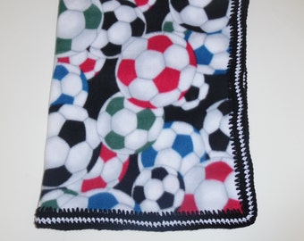 baby fleece blanket with crochet edging, baby shower, photo prop, soccer