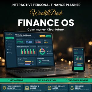 May include: An interactive personal finance planner titled WealthDesk Finance OS displayed on a laptop and smartphone screen. The dashboard shows financial data, charts, and budget tracking. Text includes 100% OFFLINE, NO SUBSCRIPTION, and ONE-TIME PAYMENT.