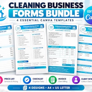 May include: A cleaning business forms bundle featuring four essential Canva templates: a price list, cleaning checklist, customer invoice, and client intake form. The documents are blue and white, designed for A4 and US Letter paper sizes.