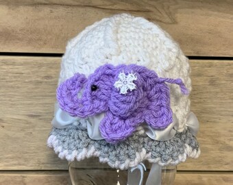 Crochet newborn baby elephant hat, photo prop baby shower gift, white and purple hat