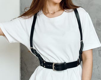 Leather suspender harness, Leather chest harness, Leather shoulder harness, Underbust harness, Plus size harness, Real leather belt women