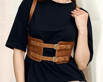 Leather harness belt, Leather double buckle belt women, Chest harness leather,Leather corset belt,Leather wide belt,Leather shoulder harness