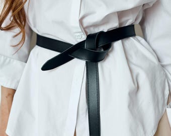 Leather knot belt women, Buckle free belt, Leather waist belt,French belt,Genuine leather black leather dress belt,Chic belt,Minimalist belt