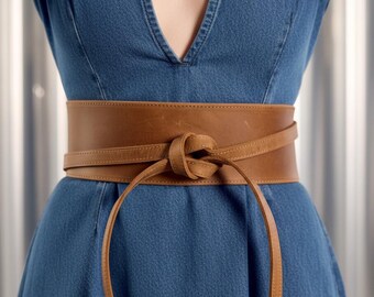Leather obi belt for women, Leather wrap belt, Belt for dress, Leather waist belt, Wide waist belt, real leather belt, No buckle belt