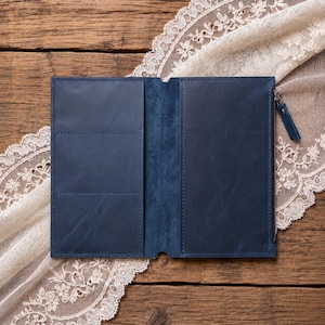 May include: A navy blue leather wallet with a smooth matte finish, featuring a vertical orientation. The interior includes two horizontal card slots on the left side and a full-length zippered compartment on the right with a matching leather pull tab.