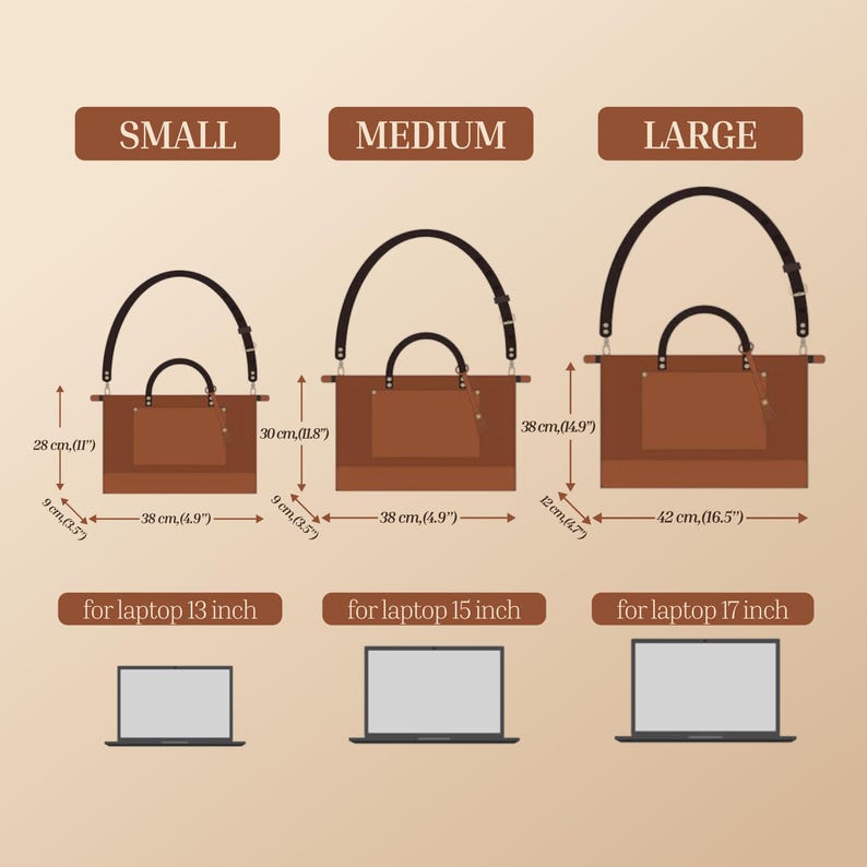 May include: Diagram of three brown leather tote bags in small, medium, and large sizes. Dimensions are provided in inches and centimeters. The bags have handles and shoulder straps. The image also shows laptop sizes: 13, 15, and 17 inches.