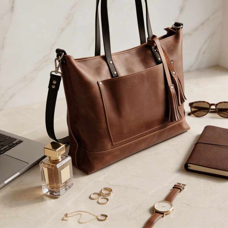 May include: A brown leather tote bag with black handles and a detachable shoulder strap. The bag has a front pocket and a decorative tassel. Accessories include sunglasses, a notebook, a watch, jewelry, and a perfume bottle.