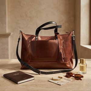 May include: A brown leather tote bag with black handles and a shoulder strap. The bag has a front pocket and a decorative tassel. Accessories include a notebook, sunglasses, a bracelet, jewelry, and a perfume bottle.