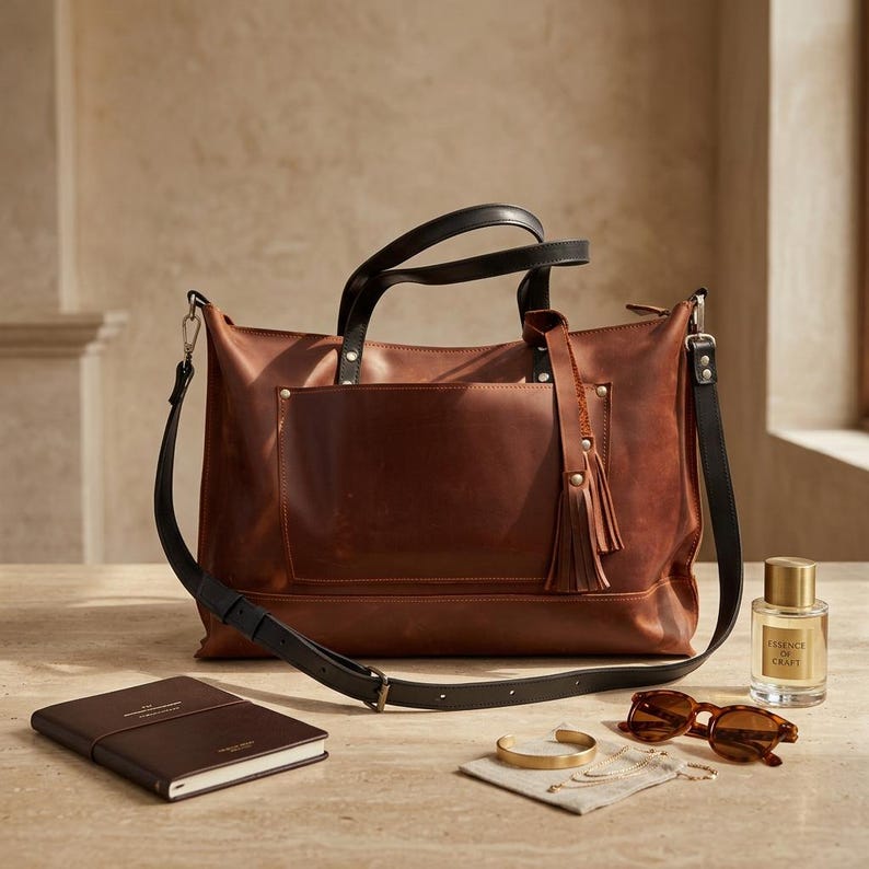 May include: A brown leather tote bag with black handles and a shoulder strap. The bag has a front pocket and a decorative tassel. Accessories include a notebook, sunglasses, a bracelet, jewelry, and a perfume bottle.