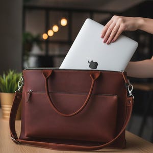Leather Laptop Bag For Women, Leather Briefcase For Laptop, Brown Leather Laptop Bag, Professional Laptop Bag Leather, Leather Work Bag image 2