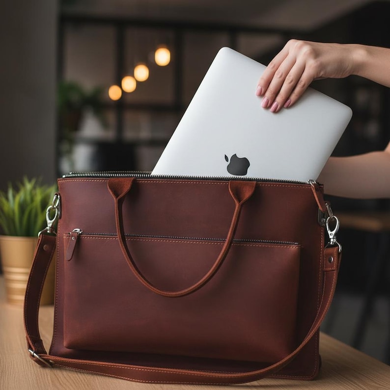 Leather Laptop Bag For Women, Leather Briefcase For Laptop, Brown Leather Laptop Bag, Professional Laptop Bag Leather, Leather Work Bag image 2