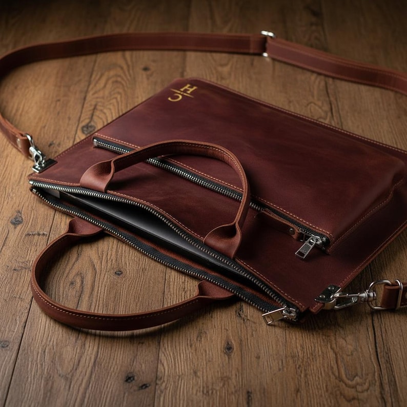 May include: A brown leather briefcase with a top handle and a detachable shoulder strap. The briefcase has a zippered main compartment and a smaller zippered pocket on the front. The initials "JC" are embossed in gold on the upper right corner.