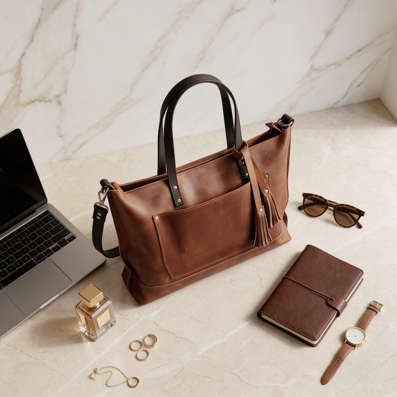 May include: A brown leather tote bag with a front pocket and a tassel, next to a laptop, sunglasses, a notebook, a watch, perfume, and jewelry. The bag has a dark brown handle and a shoulder strap.