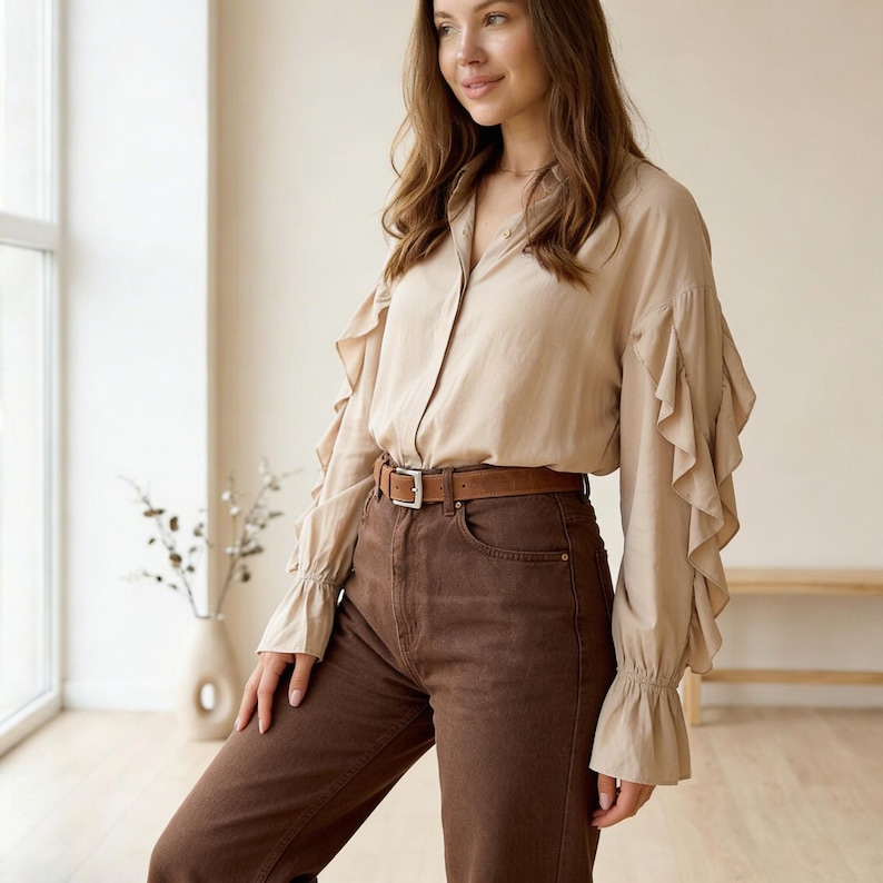 Pu&ograve; includere: Una camicia beige abbottonata con maniche a balze e una cintura marrone, abbinata a pantaloni marroni. La camicia ha un colletto classico e polsini abbottonati. La cintura ha una fibbia argentata. I pantaloni sono a vita alta.
