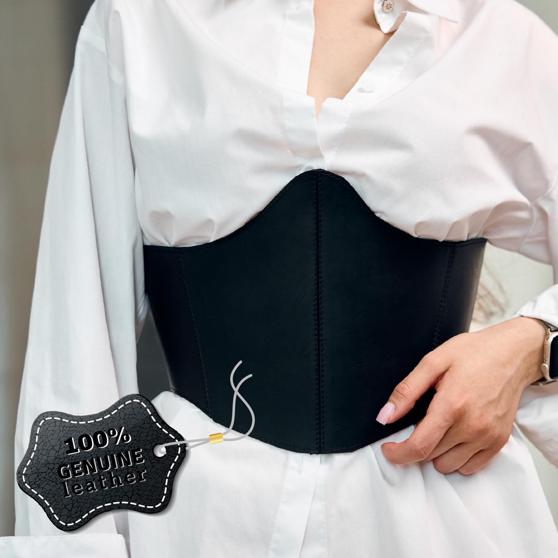 Vintage La Doppia Vita Italy Wide Black Leather Belt Corset Waist Cincher 95 Vintage Wide Black Patent Leather Belt for Women Extra Large  main image 3