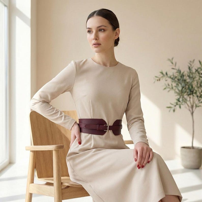 May include: A long-sleeved beige midi dress featuring a round neckline and a fitted silhouette, cinched at the waist with a wide, dark burgundy leather belt that includes a silver-toned metal buckle and a slim strap detail across the front.