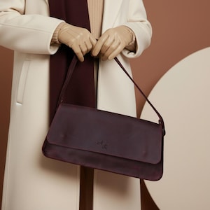 Leather baguette shoulder bag, Burgundy Leather Bag, Minimalist Leather Purse, Genuine Leather Purse, Women leather bag, Vintage style bag