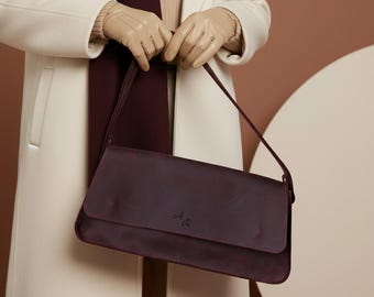 Borsa a tracolla baguette in pelle, borsa in pelle bordeaux, borsa in pelle minimalista, borsa in vera pelle, borsa in pelle da donna, borsa in stile vintage