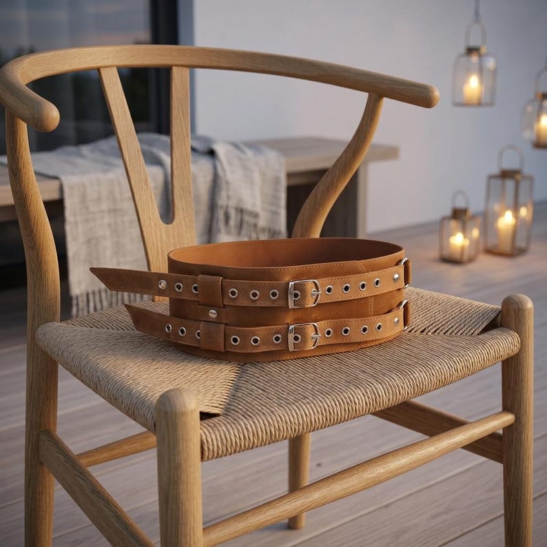 May include: A wide tan leather belt featuring two horizontal straps, each equipped with silver-toned metal buckles and a series of evenly spaced metal grommets running along the length of the material for adjustable fastening.