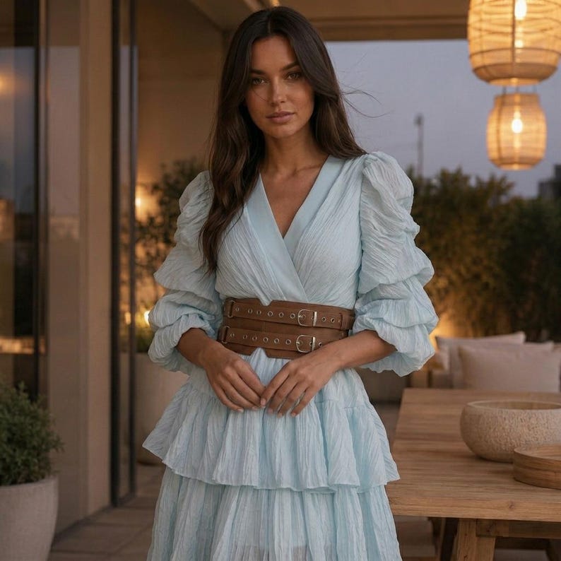 May include: A light blue long-sleeve dress with a V-neckline, gathered puff sleeves, and a tiered skirt. The dress features a textured fabric and is cinched at the waist with a wide, brown leather corset-style belt featuring two silver buckles.