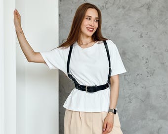 Leather suspender harness, Leather chest harness, Leather shoulder harness, Underbust harness, Plus size harness, Real leather belt women