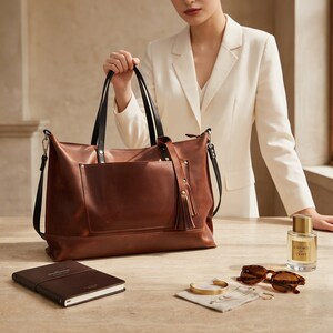 May include: A brown leather tote bag with black handles and a shoulder strap. The bag has a front pocket and a tassel. Also shown are a brown notebook, sunglasses, jewelry, and a bottle of perfume.