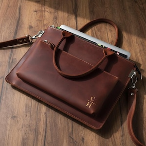 Leather Laptop Bag For Women, Leather Briefcase For Laptop, Brown Leather Laptop Bag, Professional Laptop Bag Leather, Leather Work Bag image 4