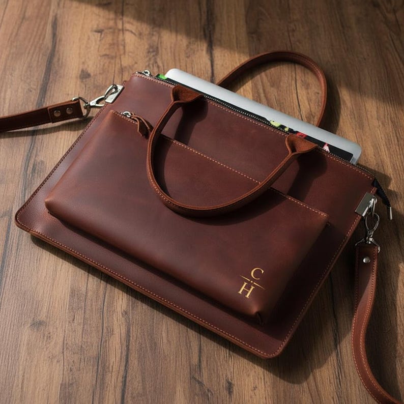 Leather Laptop Bag For Women, Leather Briefcase For Laptop, Brown Leather Laptop Bag, Professional Laptop Bag Leather, Leather Work Bag image 4