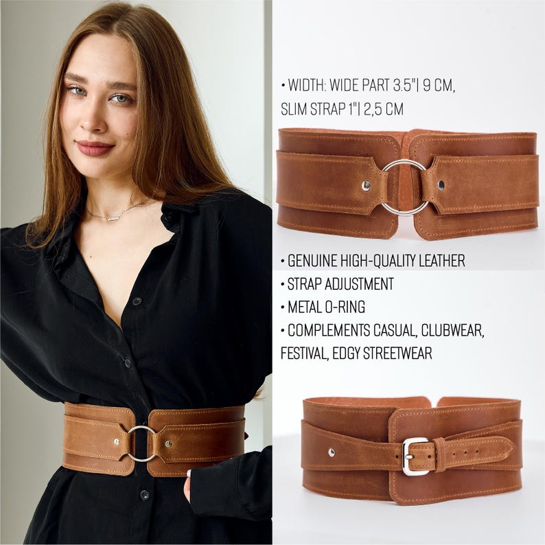 Op de afbeelding: Een bruine leren riem met een breed gedeelte van 9 cm en een smalle riem van 2,5 cm. Voorzien van een metalen O-ring en gesp. De tekst luidt "Echt hoogwaardig leer" en "Riemverstelling".