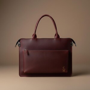 May include: A burgundy leather tote bag with a top handle and a front pocket. The bag has a zipper closure and silver-tone hardware. The front pocket features the gold initials "C H".