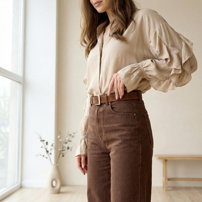 Pu&ograve; includere: Una camicia beige abbottonata con maniche a balze e pantaloni di velluto a coste marroni. Una cintura in pelle marrone con fibbia argentata &egrave; indossata con i pantaloni. L'outfit &egrave; in una palette di colori neutri.