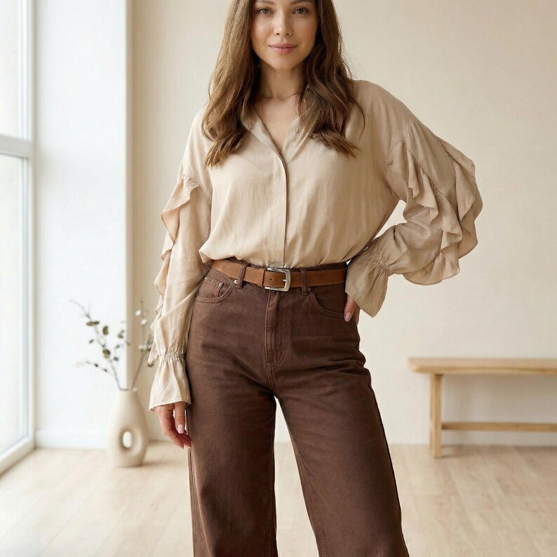 Pu&ograve; includere: Una camicia beige abbottonata con maniche a balze e pantaloni marroni a gamba larga. L'outfit include una cintura in pelle marrone con fibbia argentata. L'abbigliamento &egrave; dai toni neutri e adatto a varie occasioni.