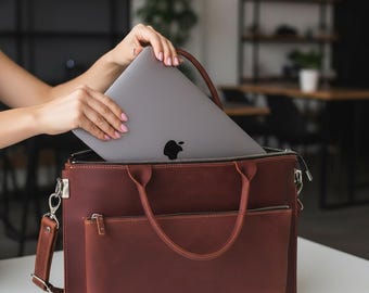 Borsa in pelle per laptop da donna, valigetta in pelle per laptop, borsa in pelle marrone per laptop, borsa professionale in pelle per laptop, borsa da lavoro in pelle