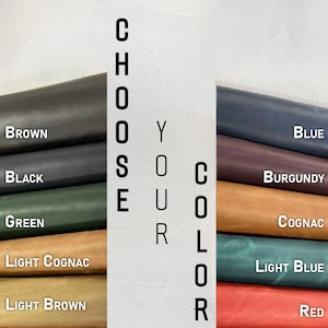 K&ouml;nnte beinhalten: Das Bild zeigt Lederproben in verschiedenen Farben wie Braun, Schwarz, Gr&uuml;n und Blau. Der Text "CHOOSE YOUR COLOR" ist zu sehen. Weitere Farben sind Burgunder, Cognac und Rot, die eine vielf&auml;ltige Auswahl bieten.