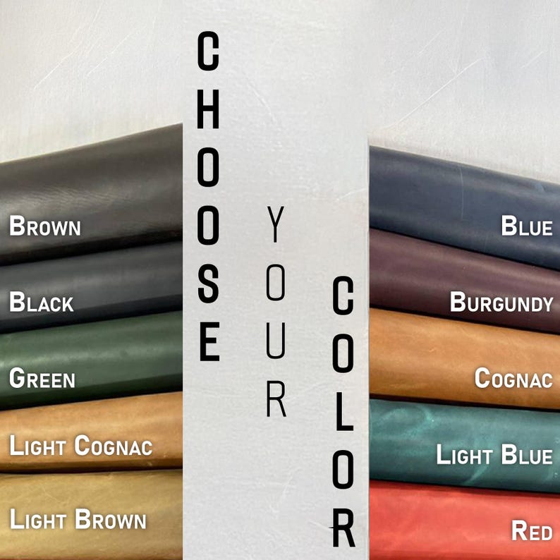 K&ouml;nnte beinhalten: Das Bild zeigt Lederproben in verschiedenen Farben wie Braun, Schwarz, Gr&uuml;n und Blau. Der Text "CHOOSE YOUR COLOR" ist zu sehen. Weitere Farben sind Burgunder, Cognac und Rot, die eine vielf&auml;ltige Auswahl bieten.