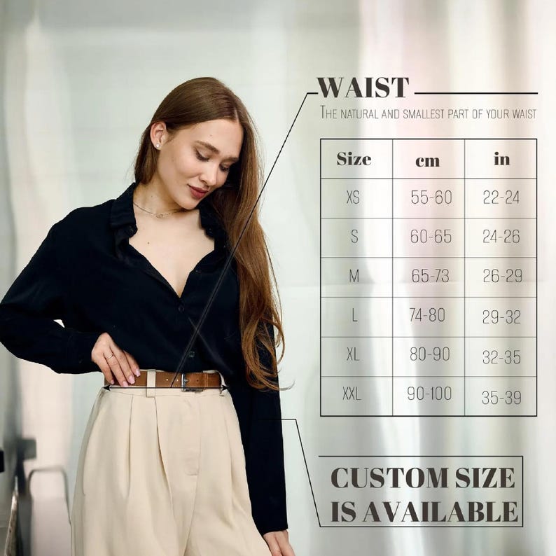 May include: A brown leather belt with a silver buckle worn with beige trousers and a black shirt. A size chart displays waist measurements in cm and inches, ranging from XS to XXL, with the text: WAIST, THE NATURAL AND SMALLEST PART OF YOUR WAIST, CUSTOM SIZE IS AVAILABLE.