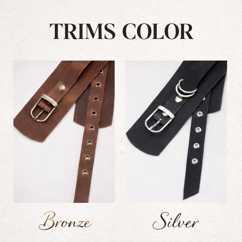 May include: Two belts with the text TRIMS COLOR above them. The left belt is brown with bronze-toned hardware, a buckle, and eyelets. The right belt is black with silver-toned hardware, a buckle, two rings, and eyelets, labeled Bronze and Silver.