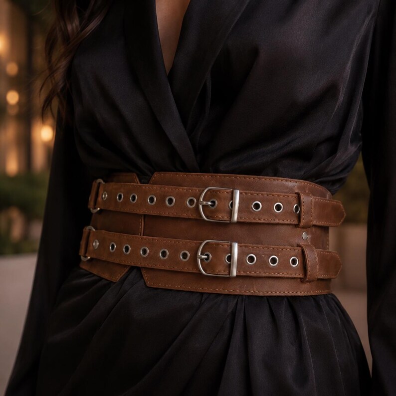 May include: A wide brown belt featuring two horizontal straps with silver-toned metal buckles and rows of grommets. The belt is constructed from a smooth, matte material and is designed to wrap around the waist, providing a structured appearance.