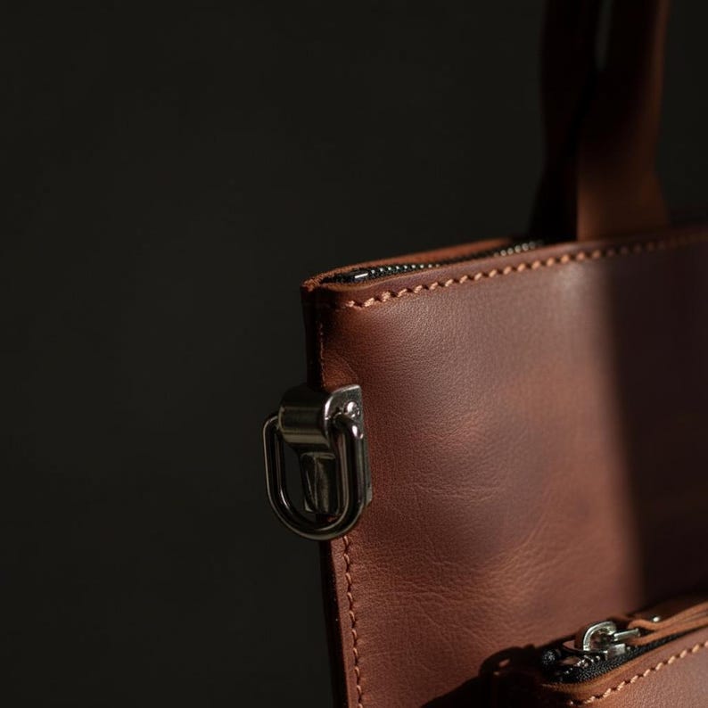 May include: Close-up of a brown leather tote bag with a silver-colored metal clasp and zipper. The bag has a handle and a zipper closure. The leather has visible stitching.