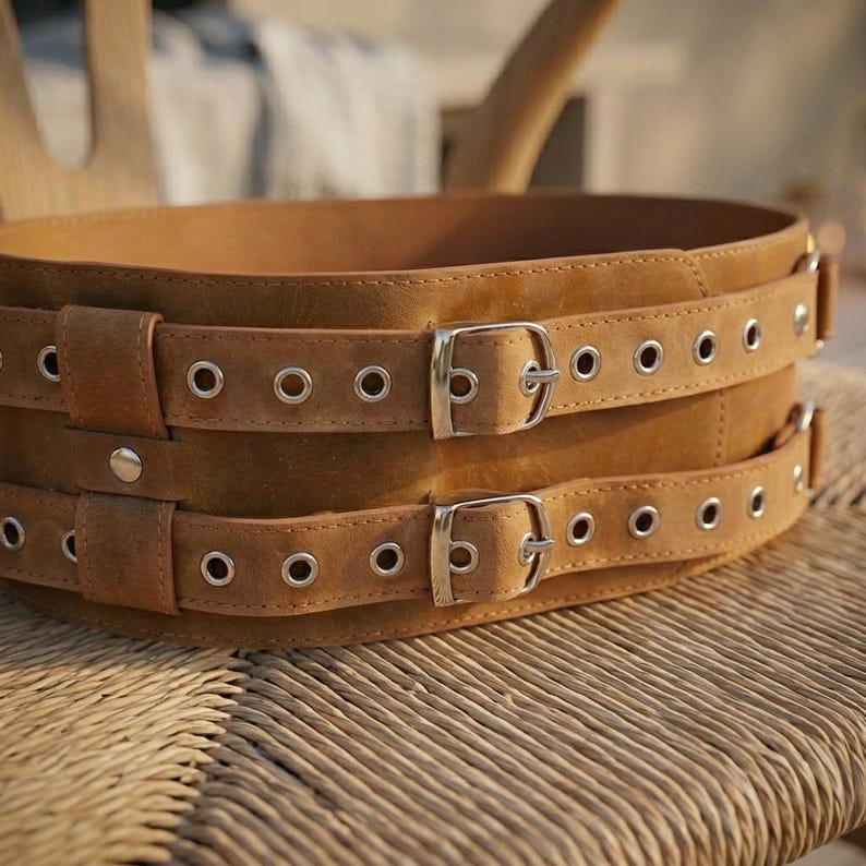 May include: A wide tan belt featuring two horizontal straps with silver-toned metal buckles and evenly spaced silver grommets. The belt is constructed with a smooth, matte finish and includes vertical loops that secure the straps to the main body.