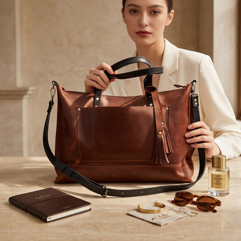 May include: A brown leather tote bag with black handles and a shoulder strap. The bag has a front pocket and a decorative tassel. Also pictured are a brown notebook, sunglasses, a gold bracelet, and a bottle of perfume.