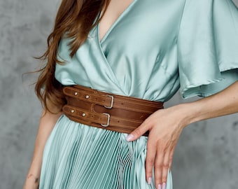 Leather double buckle belt, Leather wide belt, High waist belt, Adjustable waist belt, Leather corset belt,Underbust belt,Leather dress belt