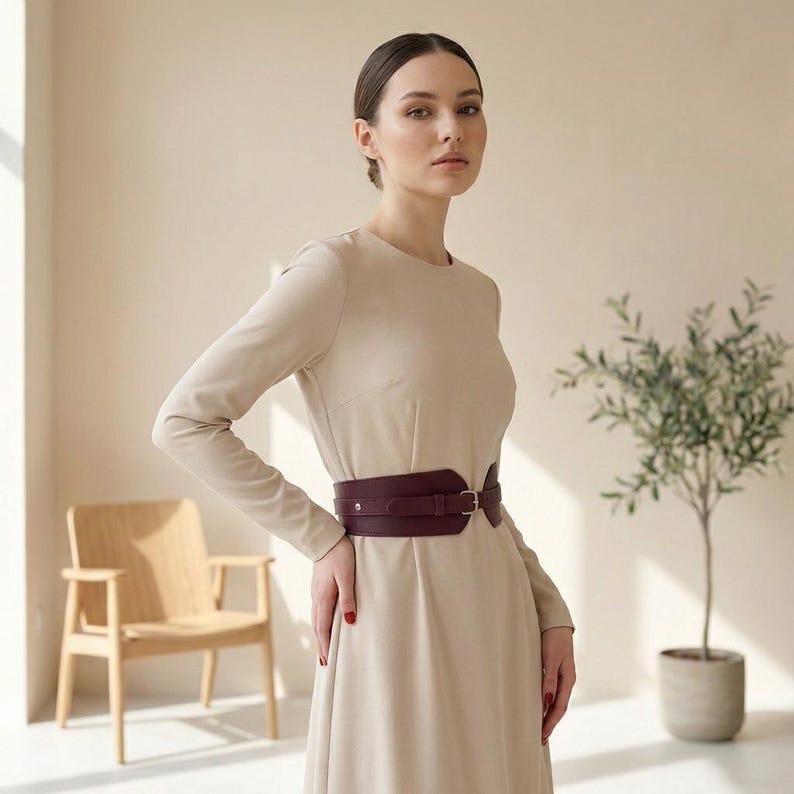 May include: A long-sleeved beige dress featuring a round neckline and a fitted silhouette, cinched at the waist with a wide, dark burgundy leather belt. The belt includes a silver-toned metal buckle and a structured, overlapping design at the front.