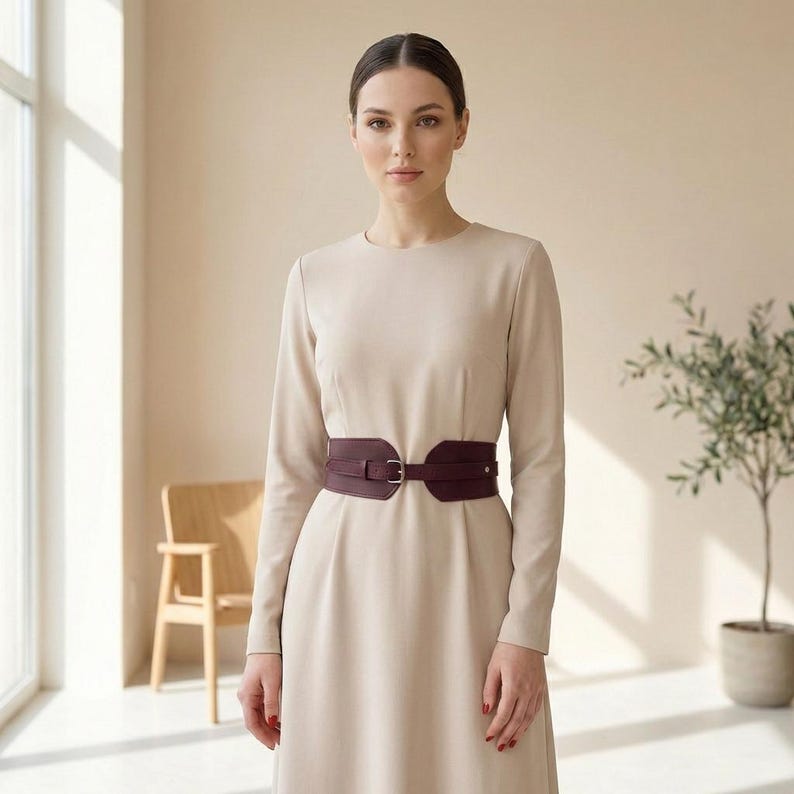 May include: A long-sleeved, floor-length beige dress featuring a round neckline and a fitted waist. The dress is cinched with a wide, dark burgundy corset-style belt that has a central silver-toned buckle and a structured, overlapping design.