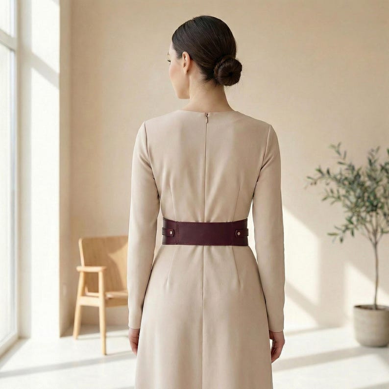 May include: A long-sleeved, beige midi dress featuring a round neckline and a fitted silhouette. The dress is cinched at the waist with a wide, dark burgundy belt that has a central horizontal strap and small metallic studs on each side.