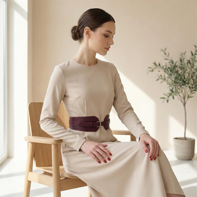 May include: A long-sleeved beige midi dress featuring a round neckline and a wide, dark burgundy waist belt with a silver-toned metal buckle. The dress has a fitted bodice and a flowing skirt, creating a structured yet elegant silhouette.