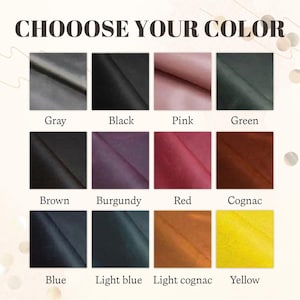 Pu&ograve; includere: Immagine che mostra una tabella colori con campioni etichettati: Grigio, Nero, Rosa, Verde, Marrone, Borgogna, Rosso, Cognac, Blu, Blu chiaro, Cognac chiaro e Giallo. Il testo in alto recita "CHOOOSE YOUR COLOR."