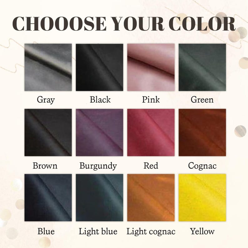 Pu&ograve; includere: Immagine che mostra una tabella colori con campioni etichettati: Grigio, Nero, Rosa, Verde, Marrone, Borgogna, Rosso, Cognac, Blu, Blu chiaro, Cognac chiaro e Giallo. Il testo in alto recita "CHOOOSE YOUR COLOR."