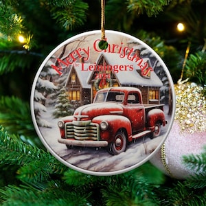 Personalized Vintage Red Truck Christmas Ornament: Rustic Ceramic Keepsake